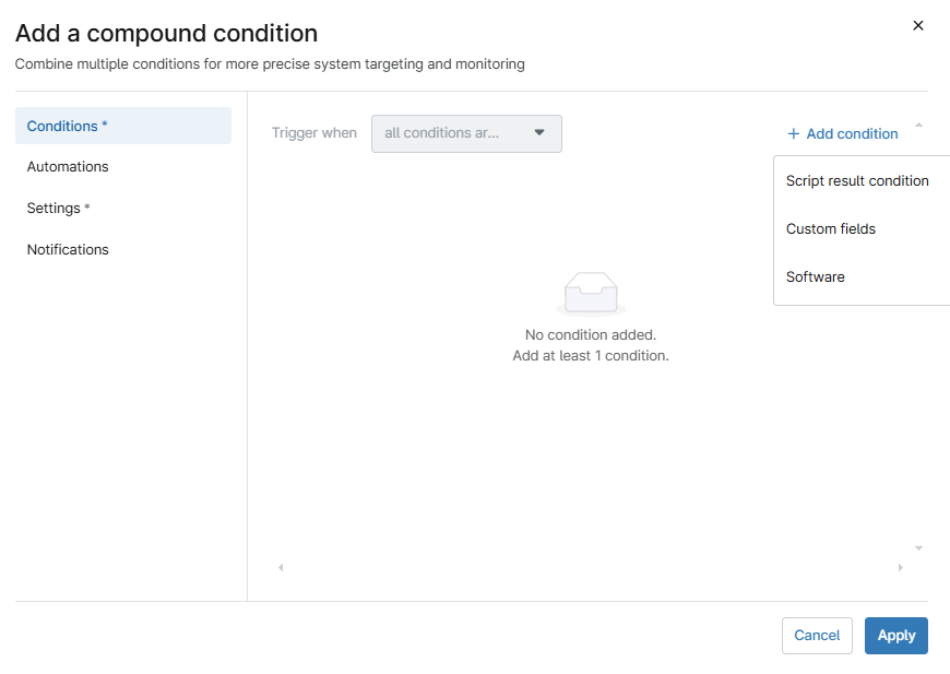 Screenshot of dialog to add a compound condition