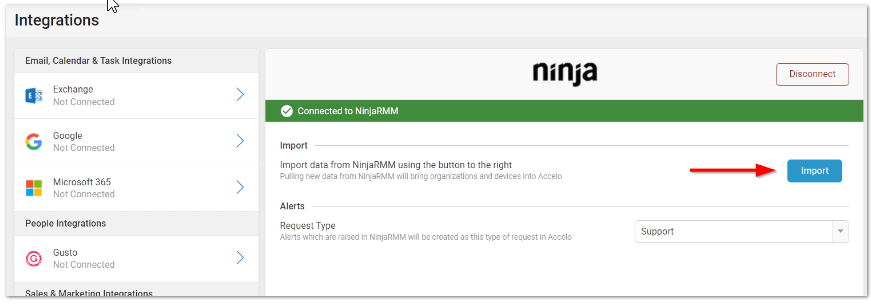 Click Import to bring your Ninja organizations and devices into Accelo for the page "How to Connect Accelo with NinjaOne"