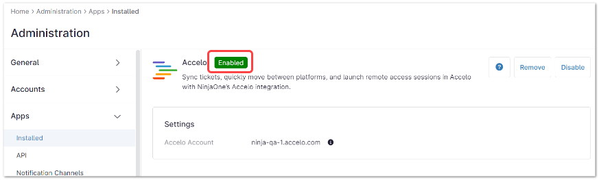 Accelo status as enabled for the page "How to Connect Accelo with NinjaOne"