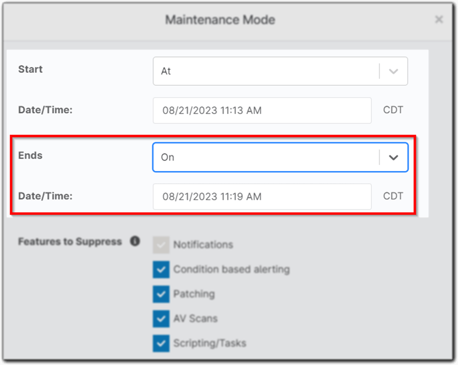  Set the desired end time for the maintenance window.