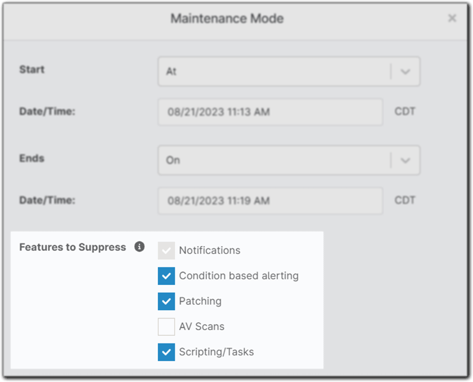 Select the features to suppress during maintenance mode.