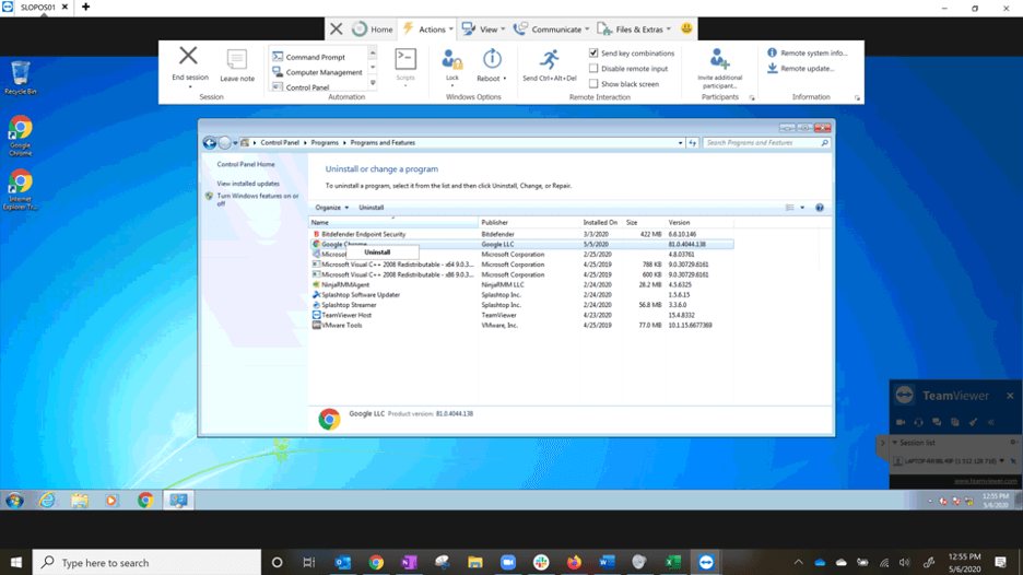 desinstalación de software mediante acceso remoto