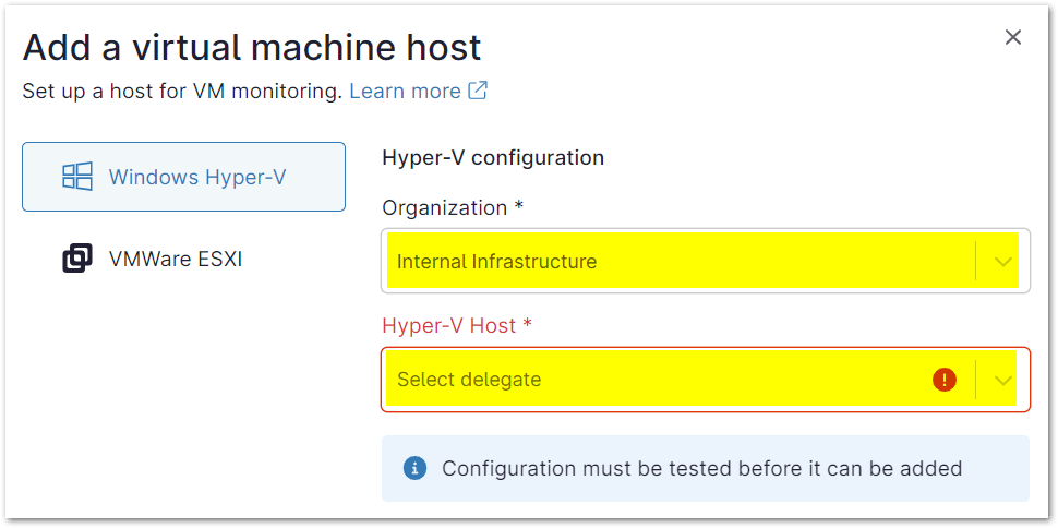 Select desired Organization and Hyper-V Host. 