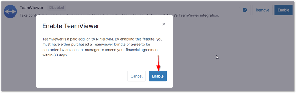 Enable TeamViewer window for the page "NinjaOne and TeamViewer Integration"