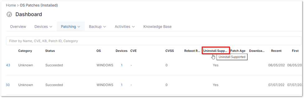 Not all patches can be uninstalled. To determine if a patch supports uninstallation, refer to the Uninstall Supported column.