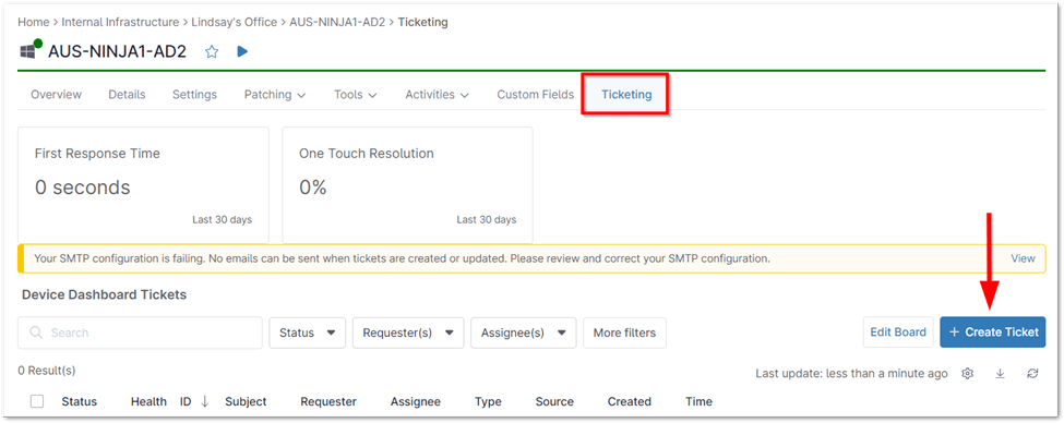 Creating a Ticket from the Device Dashboard 