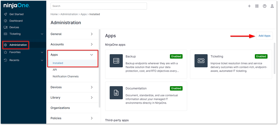 NinjaOne Administration dashboard for the page "NinjaOne and TeamViewer Integration "