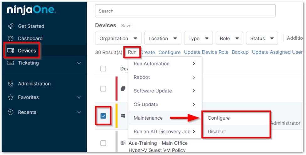 To update the maintenance window, hover over the Run menu at the top of the list, then choose Maintenance > Configure. 