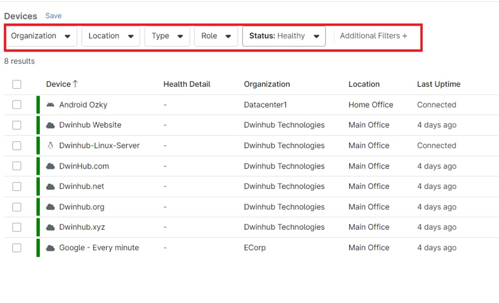 Refine the displayed information by applying filters such as Organization, Location, Type, and Role. 