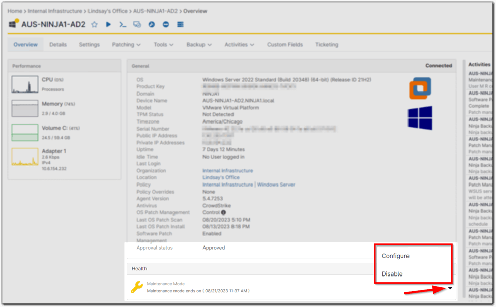 Locate the Maintenance Mode entry under the Health section and click the downward-facing arrow on the right side. 