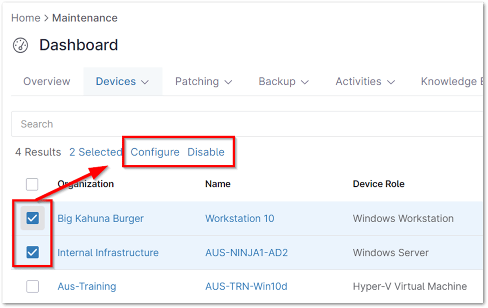 Select the device(s) you wish to manage, and the options Configure or Disable will appear at the top of the list. 