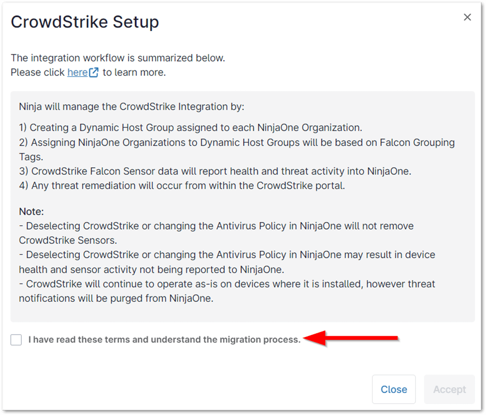 CrowdStrike setup window with the terms and conditions agreement