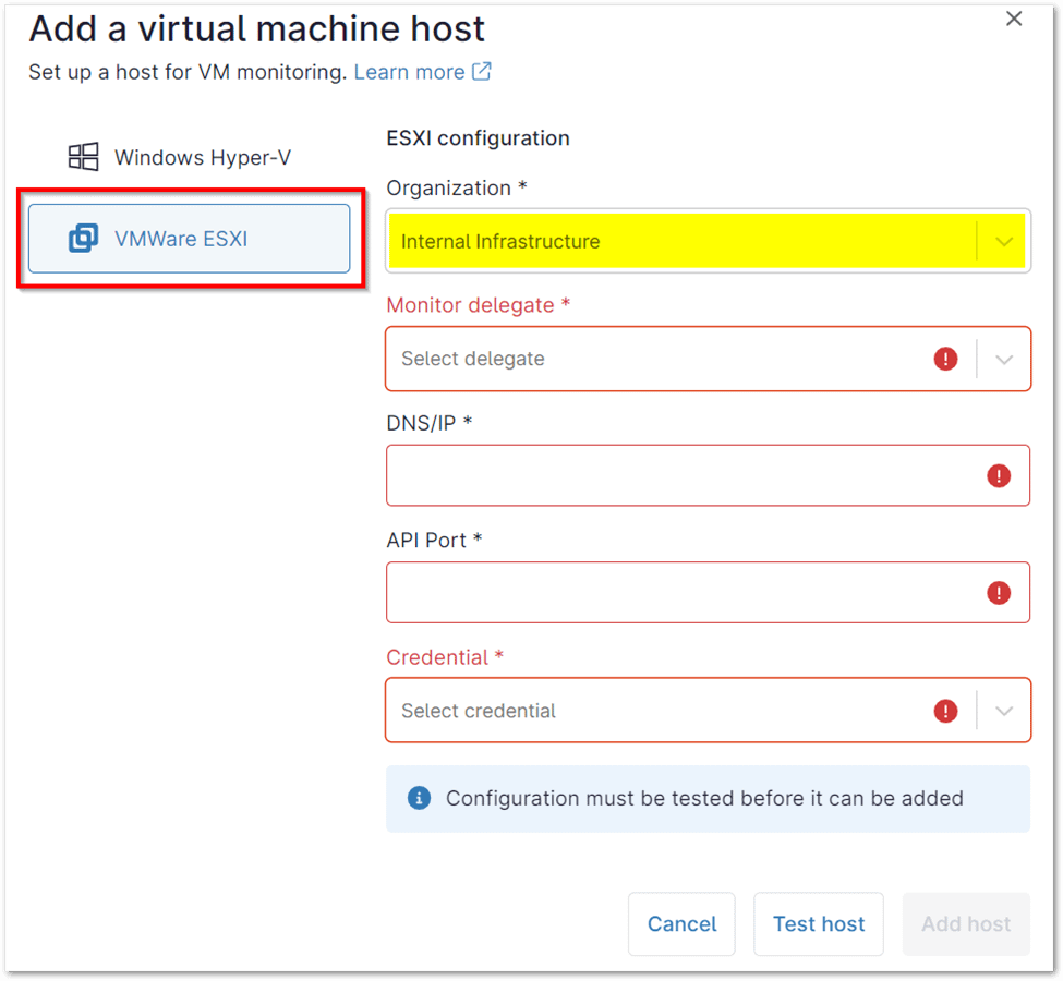 Click VMware ESXi on the left side of the host creator and select an organization to activate the other required fields. 