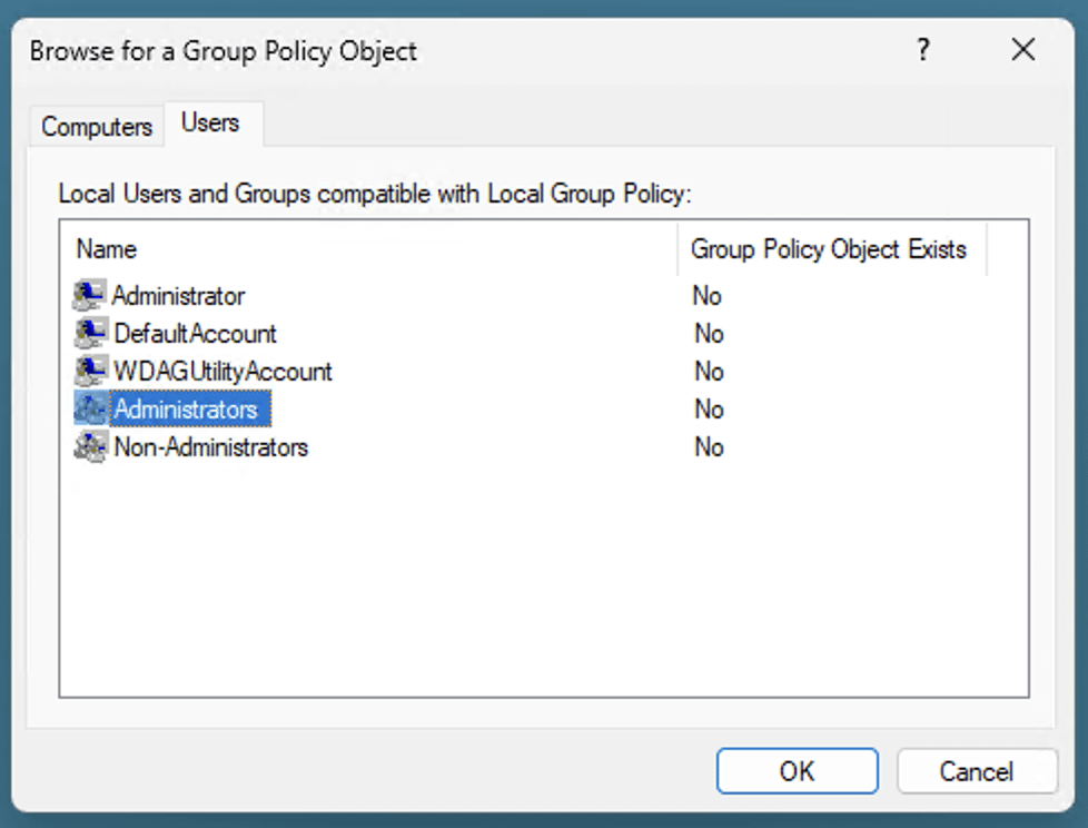 Select the Users tab and then select the Administrators user group