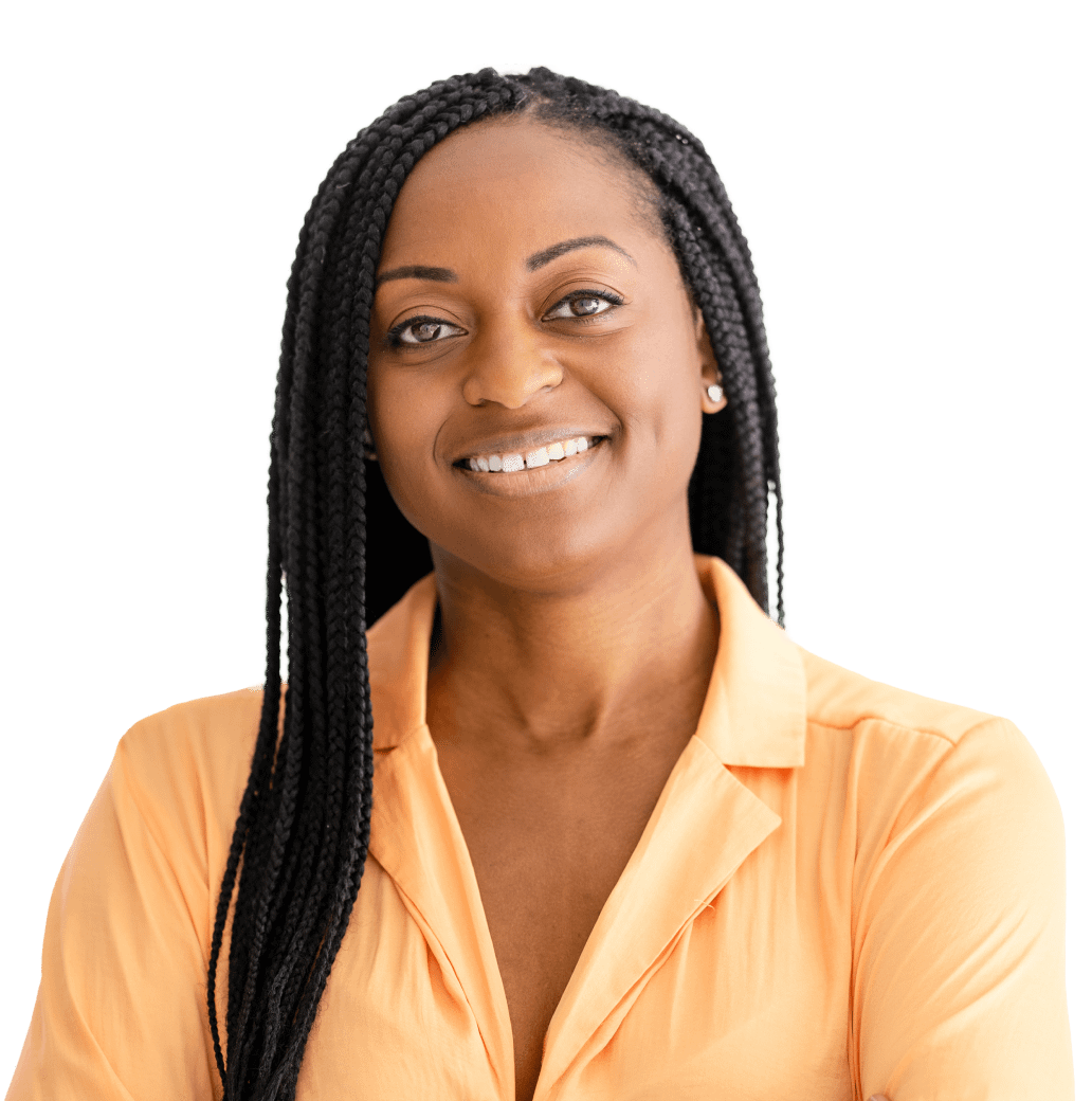 Woman from educational wearing orange smiling