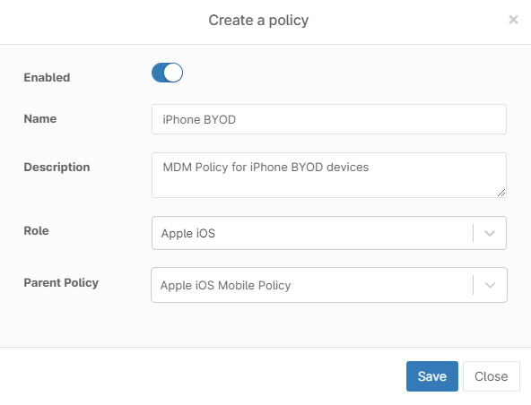 Create an MDM policy called iPhone BYOD.