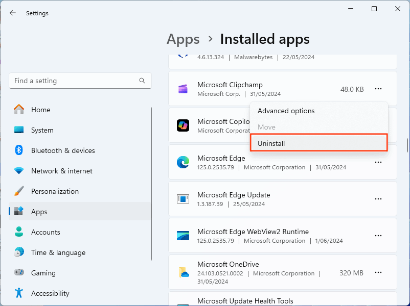 The apps window for the blog How to Find & Remove Bloatware from Windows 11