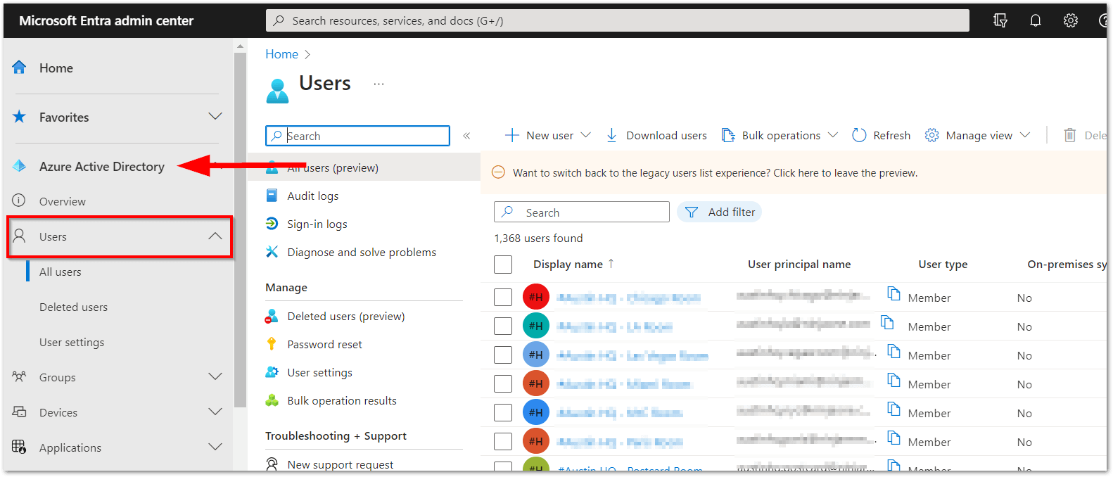 Open the Azure Active Directory (from the Microsoft Entra admin center) and click Users in the left navigation pane. 