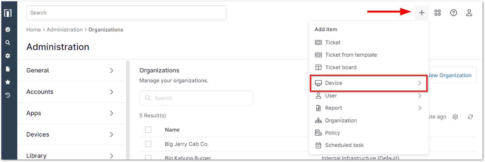 Click the plus sign icon at the top of the Ninja console and select Device from the drop-down menu, then select Virtual Infrastructure to set up Hyper-V.