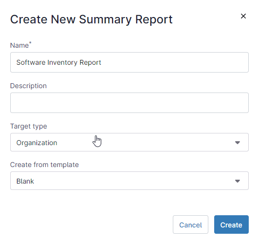 A Create New Summary Report for the page Viewing Software Inventory