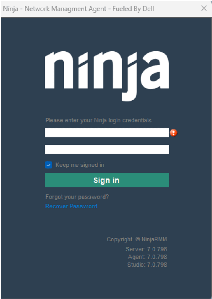 Screenshot of the NinjaOne management agent login screen