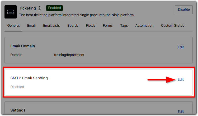 Click Edit to the right of "SMTP Email Sending". 