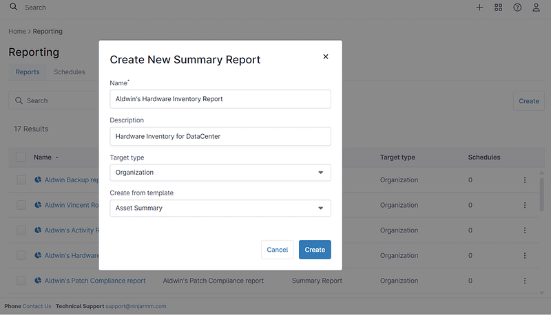A screenshot of a 'Create New Summary Report' for the page Hardware Inventory Reports