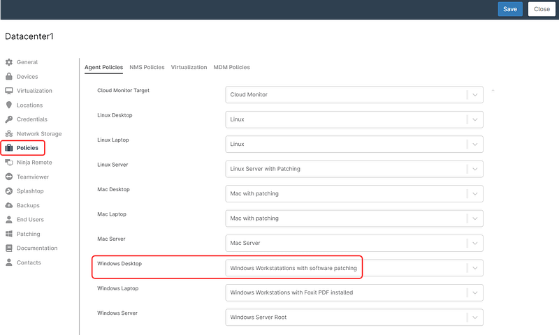 A screenshot showing the correct policy in the organization dashboard