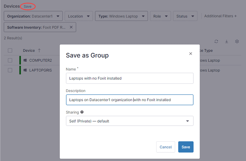 A screenshot showing the saving as group screen