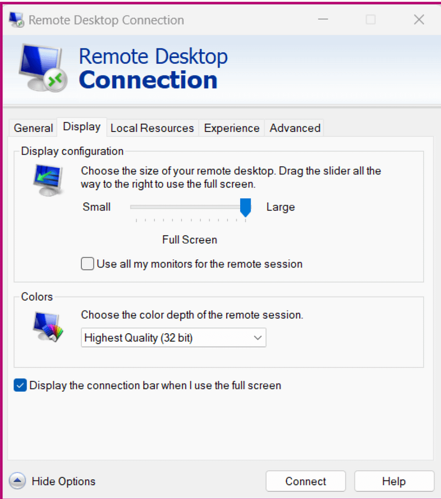 A screenshot of the Remote Desktop Connection display