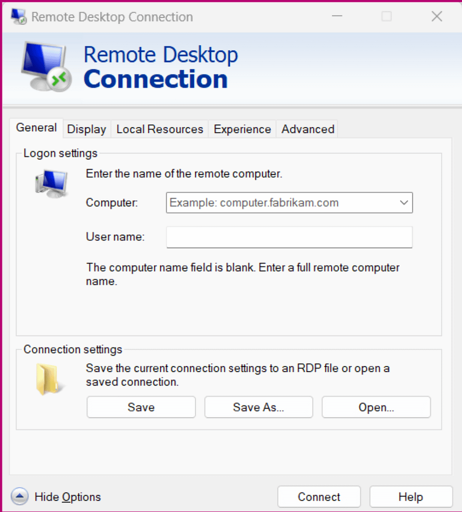 A screenshot of the Remote Desktop Connection
