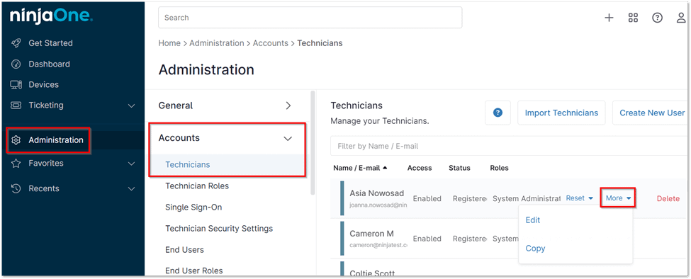 Navigate to Administration > Accounts > Technicians or End Users.