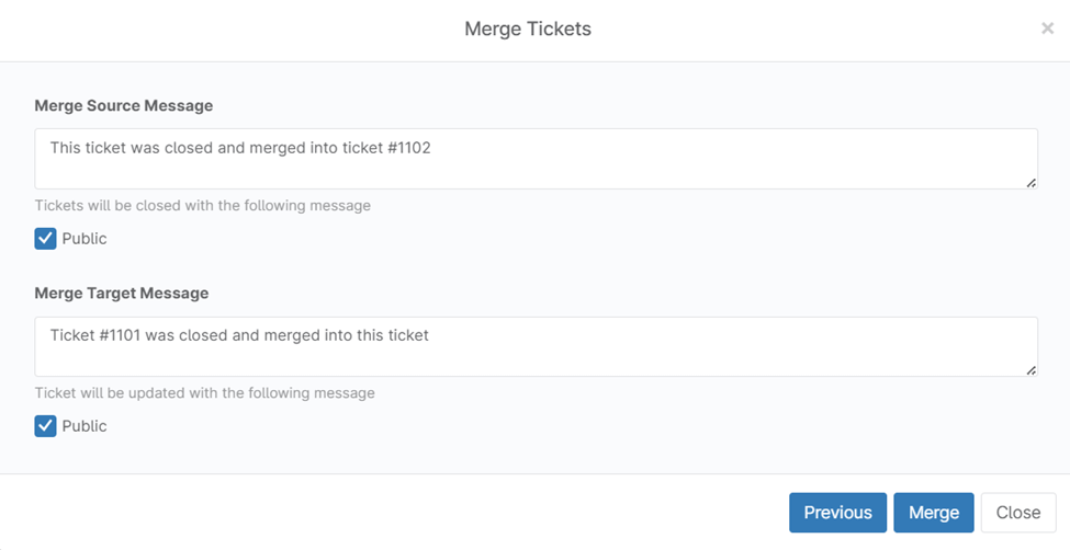 The selected tickets will be merged into the chosen destination ticket. 