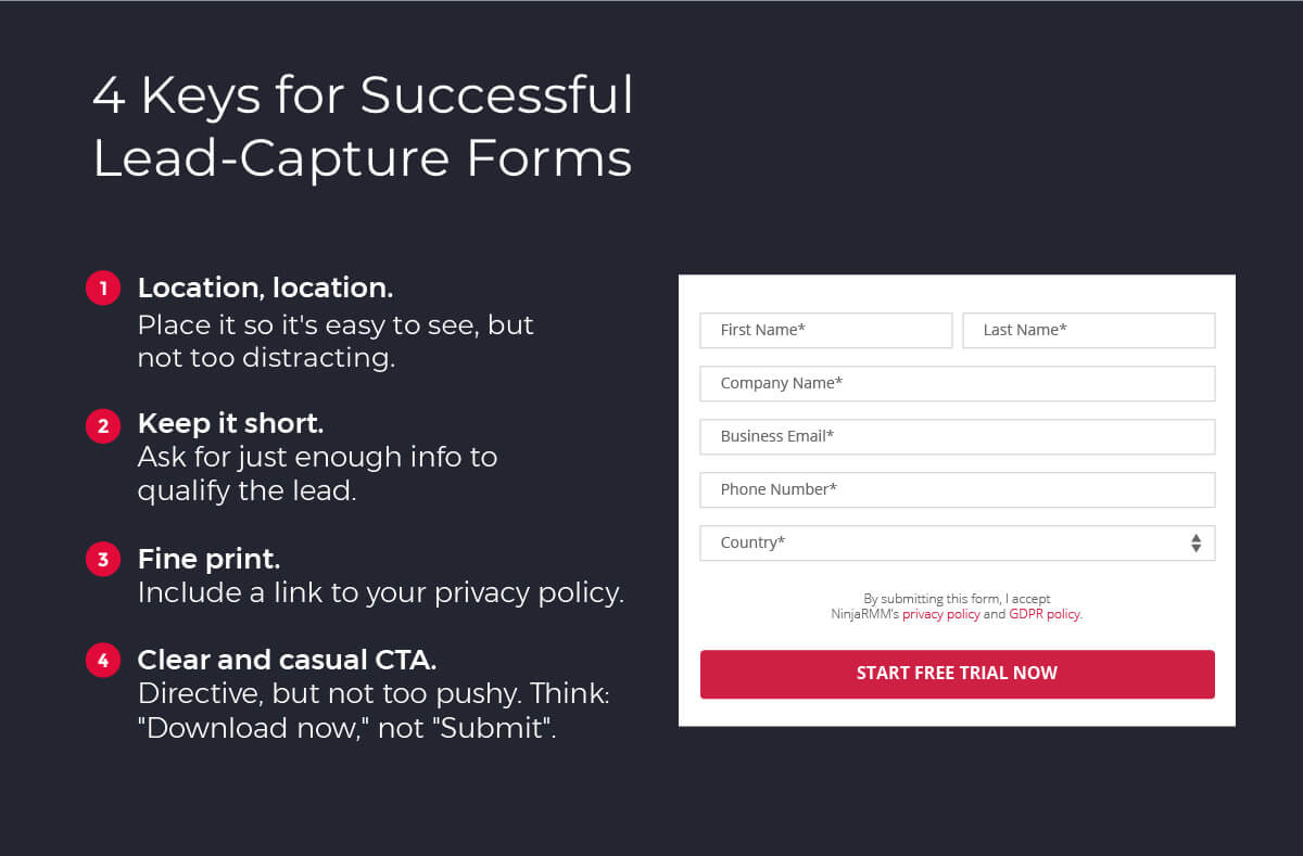 4 Keys for successful lead-capture forms: Location. Keep it short. Fine print. Clear and casual call-to-action.