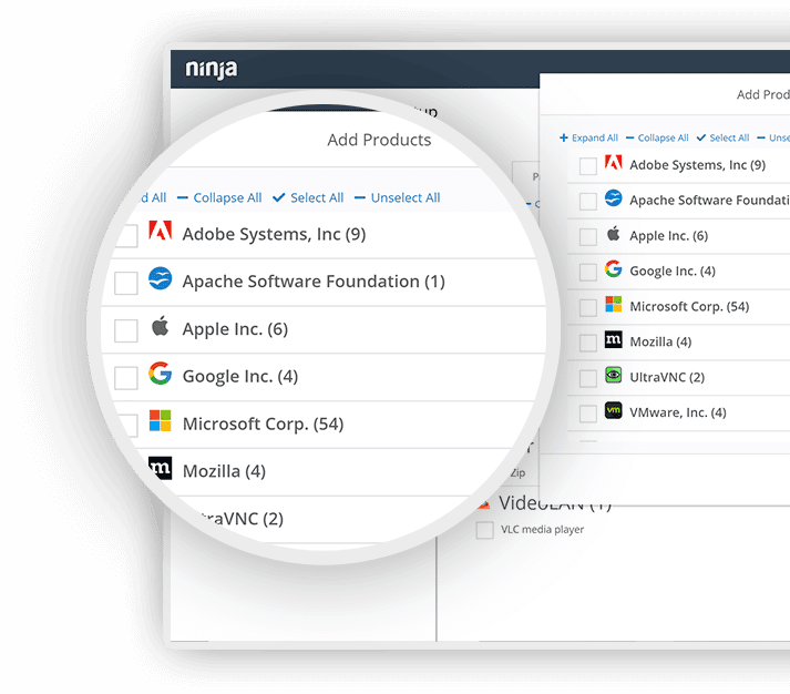 Capture d‘écran de l’interface de gestion des correctifs de NinjaOne pour les correctifs de Microsoft, Adobe, Apache, Apple, Google, Mozilla, etc.